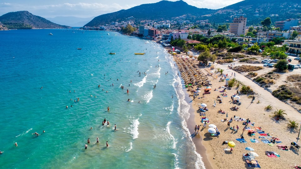 Top view of Tolo beach or "Psili Ammos" is from the most popular tourist resorts of Argolida in Peloponnese, Greece