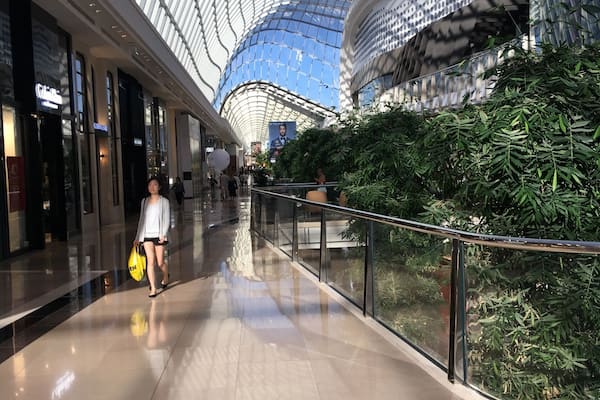 A modern shopping mall with a glass ceiling, a central atrium, and a green plant wall.
