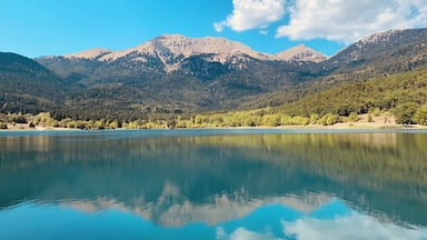 A calm lake reflecting mountains and trees.