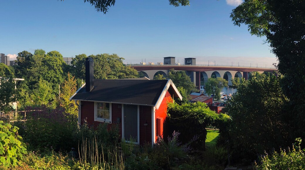 Panorama over allotments and Arsta bidges, Sodermalm, Stockholm, Sweden