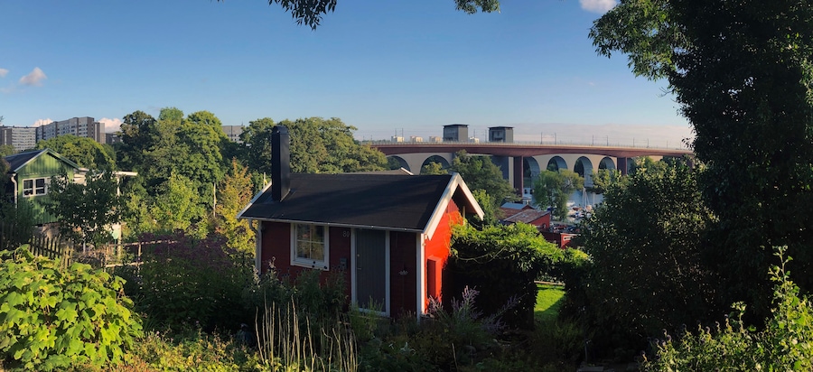Panorama over allotments and Arsta bidges, Sodermalm, Stockholm, Sweden