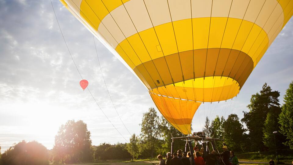 A hot air balloon with passengers, set against a backdrop of trees and a clear sky.