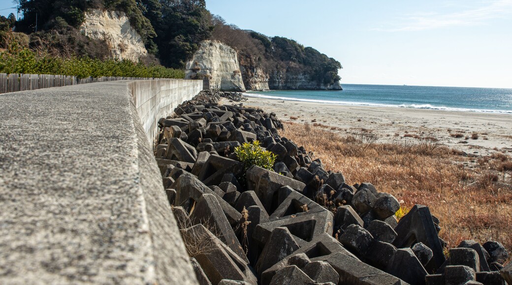 Tetrapods and Seawall at Iwama Beach, Iwaki City, Fukushima Prefecture, Japan, on a Clear Winter Day. Coastal defense structures with rocky shoreline and blue ocean under sunny sky – ideal for travel,