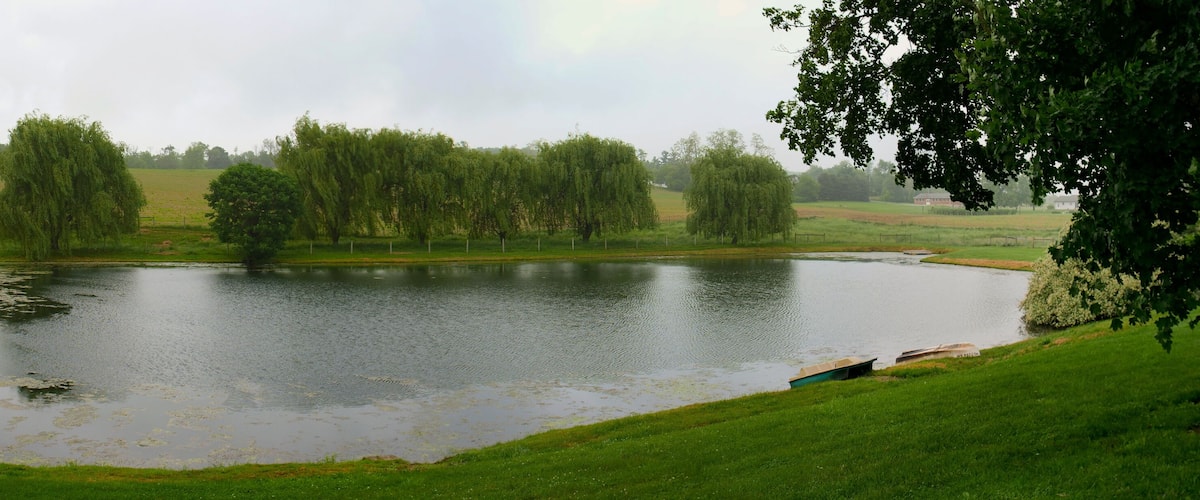A pond surrounded by grassy fields and trees.
