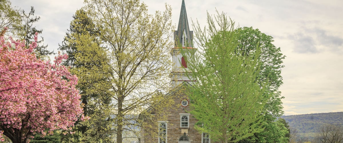 A church with a steeple, surrounded by blooming trees and a cemetery.