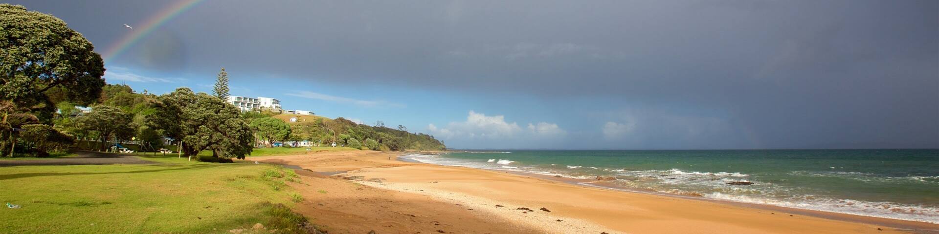 Cable Bay que incluye un parque, una playa y vistas generales de la costa