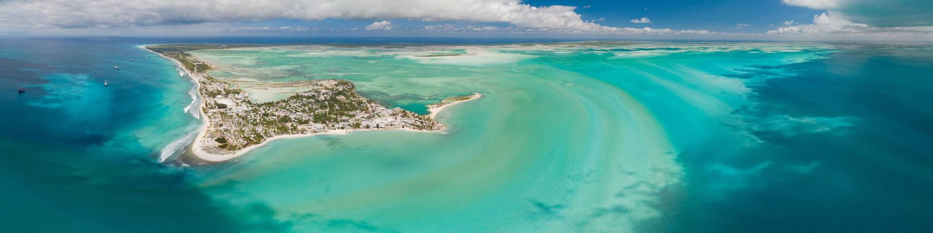 Panoramic aerial shot of Christmas Island and lagoon in Kiribati