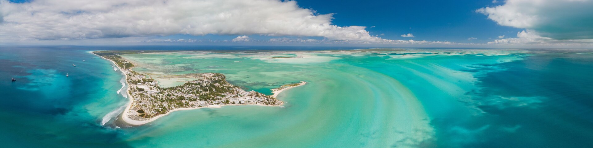 Panoramic aerial shot of Christmas Island and lagoon in Kiribati