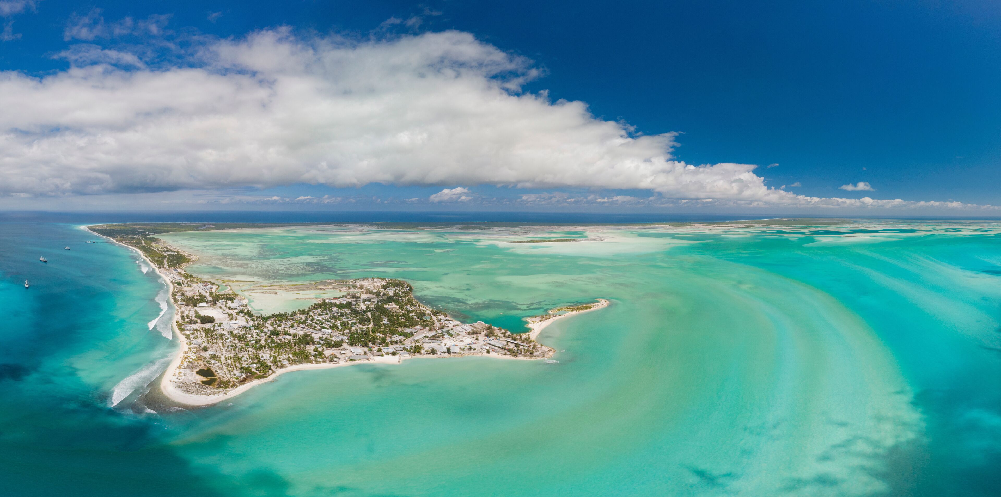 Panoramic aerial shot of Christmas Island and lagoon in Kiribati