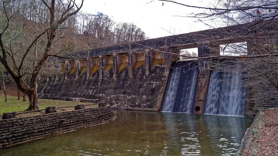 A dam with a waterfall, a river, and a tree in the foreground.