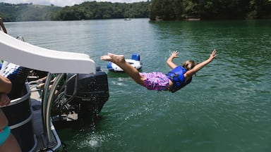 A person mid-air off a boat, water splashing around, with a forested shoreline and a boat in the background.