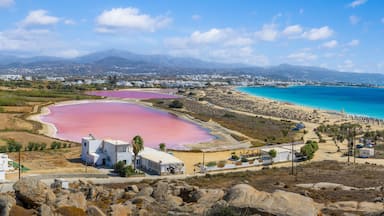 Paisagem costeira com salinas rosa e azuis, uma praia de areia e uma cidade ao fundo.