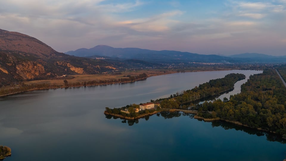 Amazing high definition aerial Panorama view of Kaiafas or Thermal Springs of Kaiafas. It is a natural spa in the municipality of Zacharo in southwestern Greece. Elis, Greece, Europe.