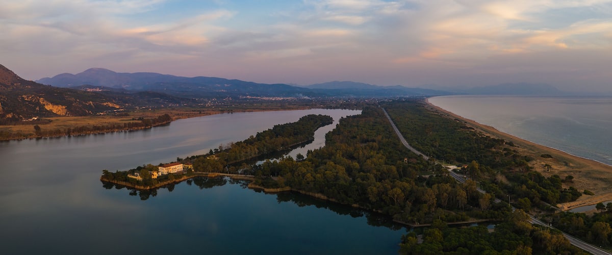 Amazing high definition aerial Panorama view of Kaiafas or Thermal Springs of Kaiafas. It is a natural spa in the municipality of Zacharo in southwestern Greece. Elis, Greece, Europe.