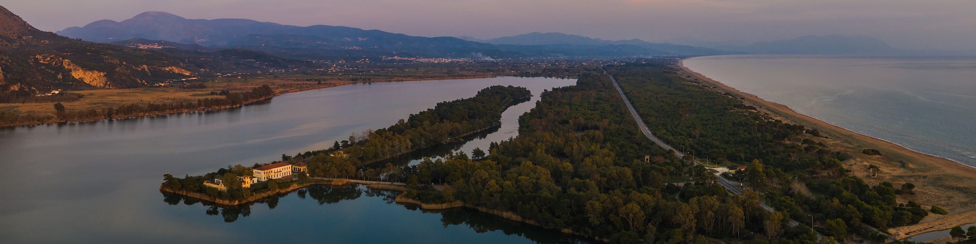 Amazing high definition aerial Panorama view of Kaiafas or Thermal Springs of Kaiafas. It is a natural spa in the municipality of Zacharo in southwestern Greece. Elis, Greece, Europe.