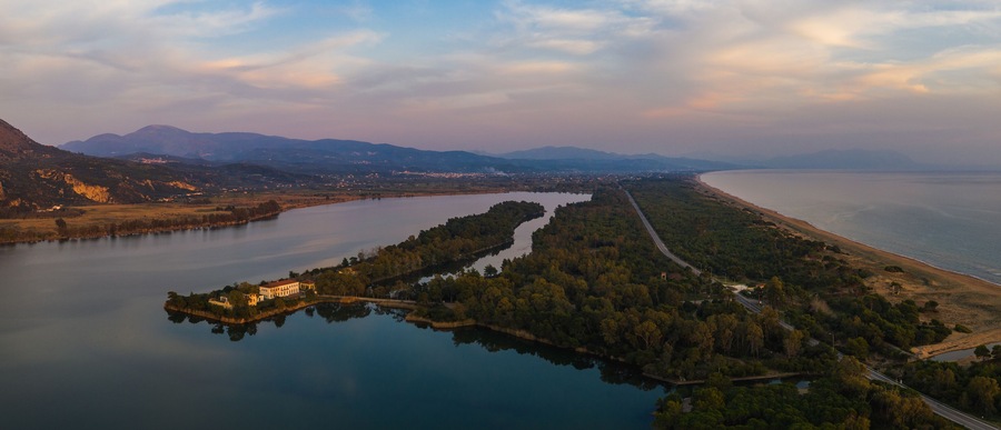 Amazing high definition aerial Panorama view of Kaiafas or Thermal Springs of Kaiafas. It is a natural spa in the municipality of Zacharo in southwestern Greece. Elis, Greece, Europe.