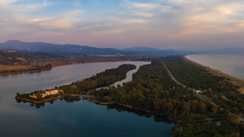 Amazing high definition aerial Panorama view of Kaiafas or Thermal Springs of Kaiafas. It is a natural spa in the municipality of Zacharo in southwestern Greece. Elis, Greece, Europe.