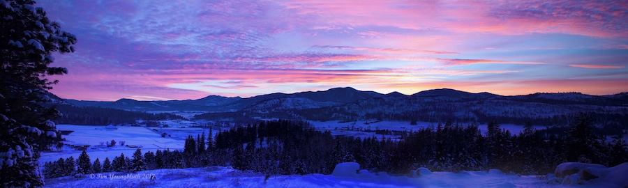 #BVSBlue - Beginning Blue Hour. Panorama of the Colville Valley with snow reflecting the strong blue just after sunset.