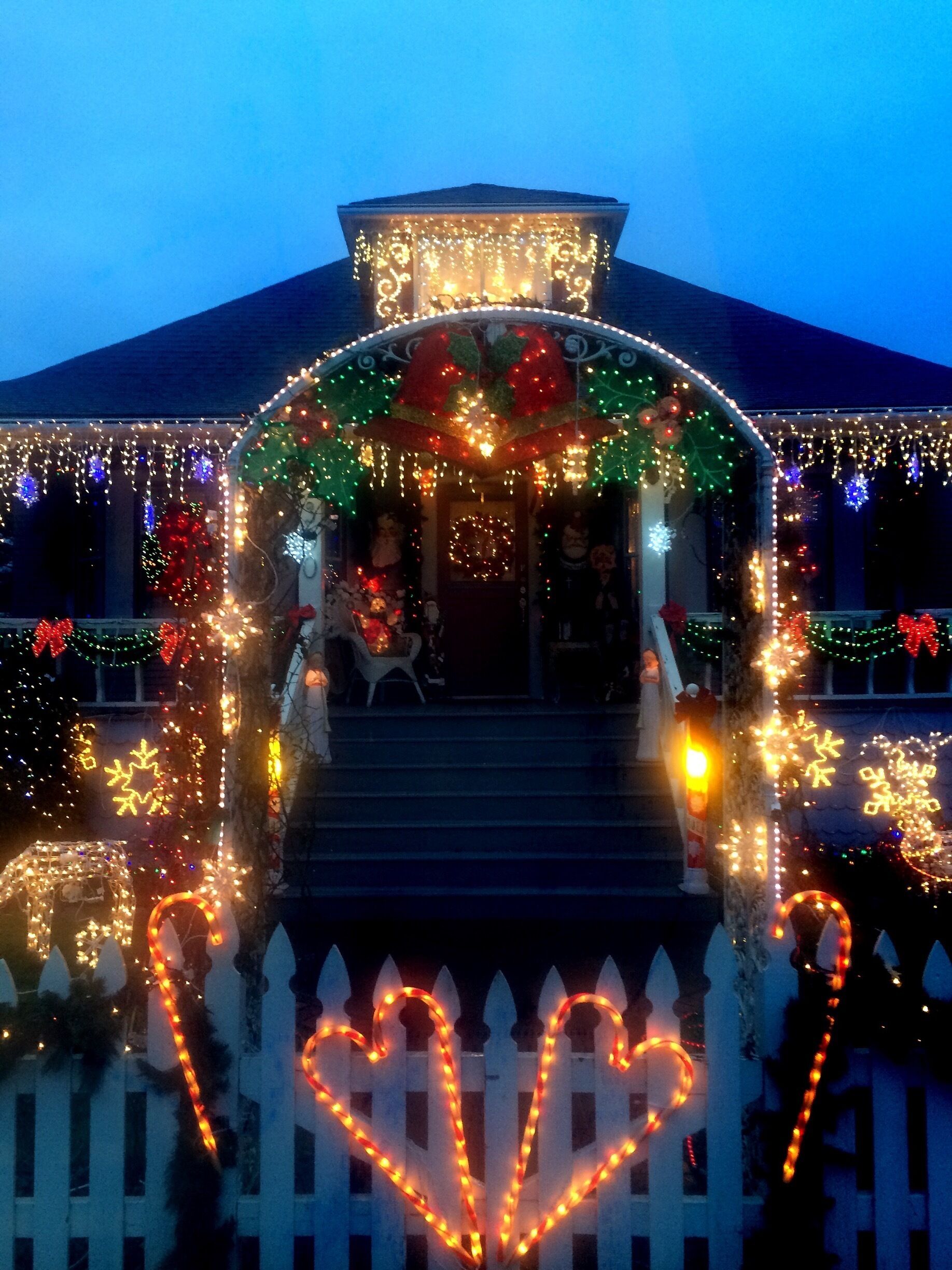 Those of us who live in a certain neighborhood of the Lincoln district know that for one month every year we won't have to worry about turning on our porch lights.  If the street lamps should fail, well, that's not really of any concern. Say the moon itself were to pop out of the sky and go flying into space.  No big deal.  Because for a glorious 30 days every winter, we're able to bask in the glow of a house lit bright enough to make artificial sunshine.  A sight so startling, it causes commuters to back up traffic as they sit in their cars and gape.

It wasn't always that way.  A few years back, the charming old couple who lives in the place started to put out a few lights to decorate their home.  The next year they added a few more, and the year after that -- again -- some more.  At some point, however, they seem to have developed a kind of high tolerance for luminescence.  And when that happened, the floodgates were open.  What you see in these photos is the early December version of what, by Christmas day, will be a kind of multi-colored solar flare emanating from the front yard of their home.  

It can really be a beautiful thing to behold, as anyone who sees it for the first time can tell you.  And those of us who live here have accepted with pride this red and gold meteor which appears in our midst during every gloomy Northwest December.

Can you blame us?  We may be the only block on earth entirely visible from space.

#localgem