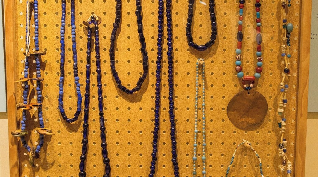 Glass trade bead necklaces crafted in the 18th and 19th centuries by Native American artists local to the Columbia River area.
The one on the far left contains mountain lion dew claws.