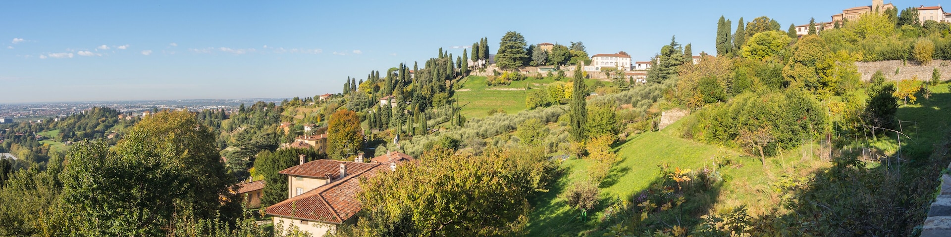 View of the hills that surround Bergamo during a day with clear blue sky, Orobie area, Lombardy, Italy