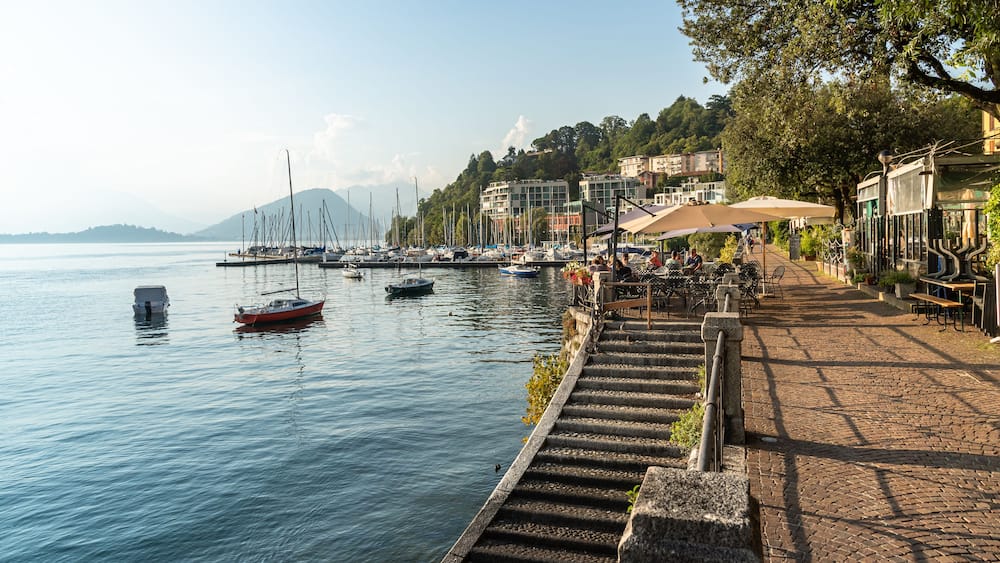 Laveno Mombello, Italy - September 18, 2019: Promenade on the shore of Lake Maggiore in Laveno Mombello, province of Varese, Italy