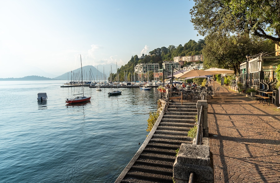 Laveno Mombello, Italy - September 18, 2019:  Promenade on the shore of Lake Maggiore in Laveno Mombello, province of Varese, Italy