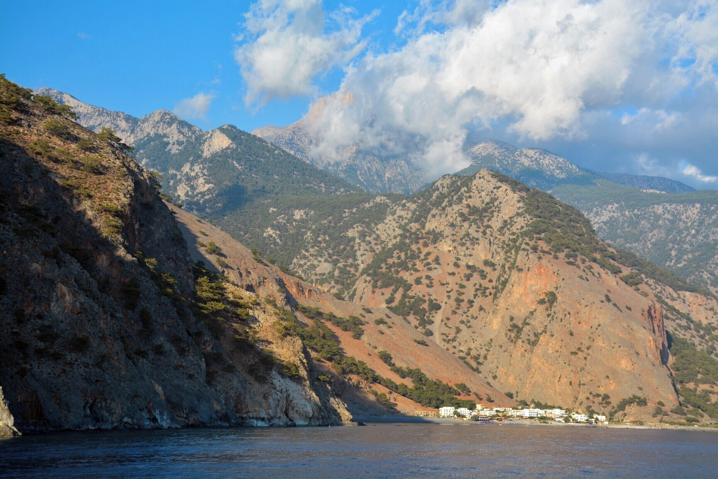 The village of Agia Roumeli, on the south coast of Crete, is accessible only by ferry or by an 18 km hike down the Samaria Gorge, the deepest canyon in Europe.