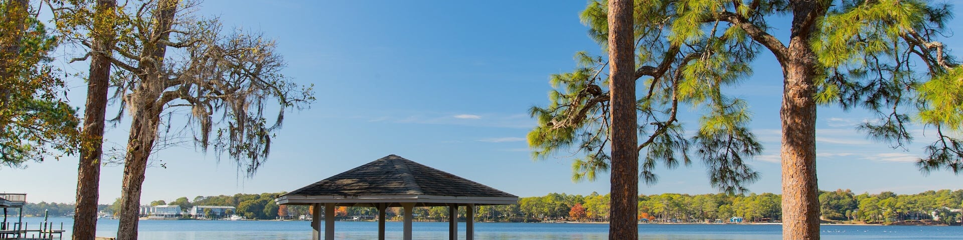 A lakeside gazebo with benches, surrounded by tall trees and a clear blue sky.