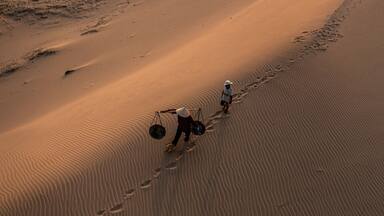 Life of Cham Women and Children on Nam Cuong Sand Dunes at Sunset, Ninh Thuan, Vietnam