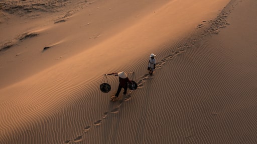 Life of Cham Women and Children on Nam Cuong Sand Dunes at Sunset, Ninh Thuan, Vietnam