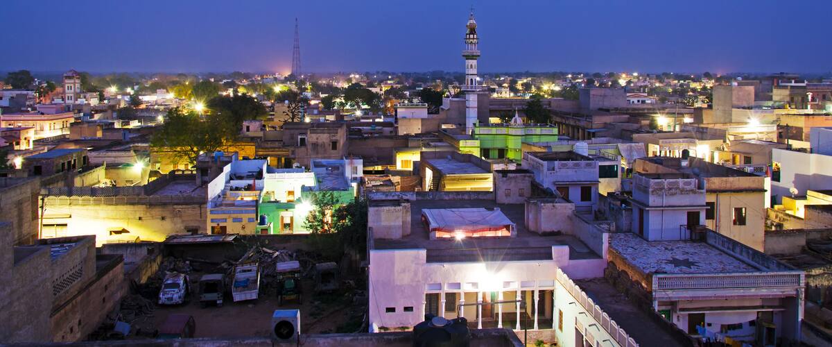 Night view of Mandawa town in Shekhawati province, Jhunjhunu District, Rajasthan, India.