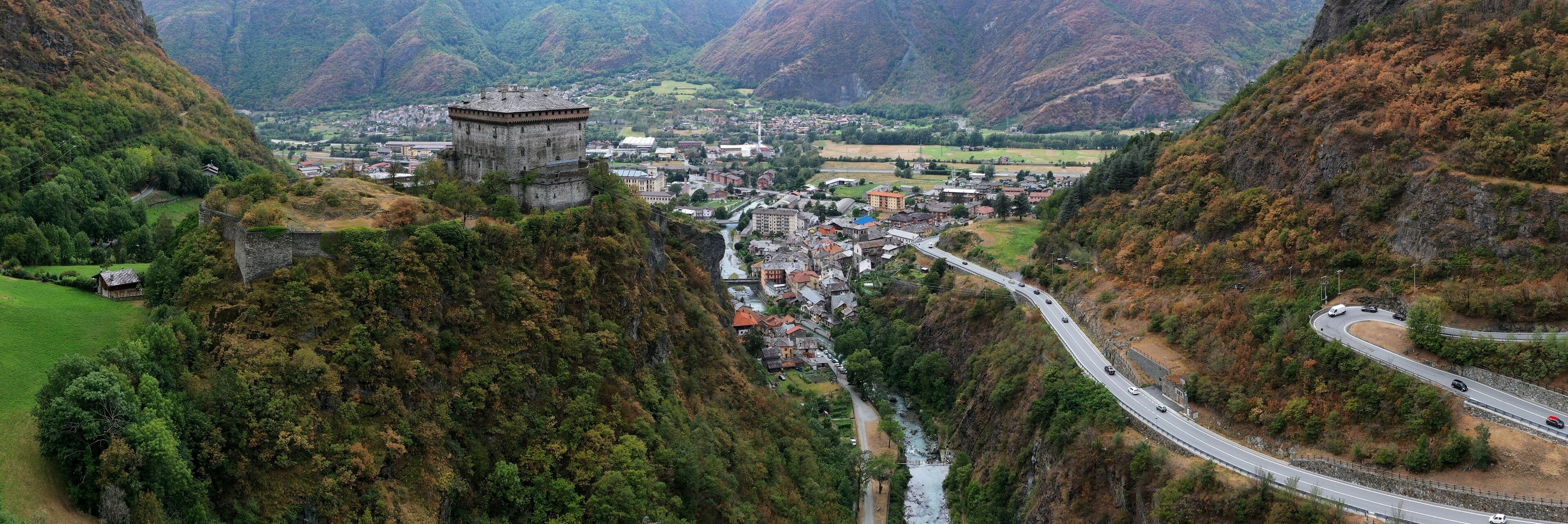Verres, Aosta, Italy: aerial view of Verrès village and his castle