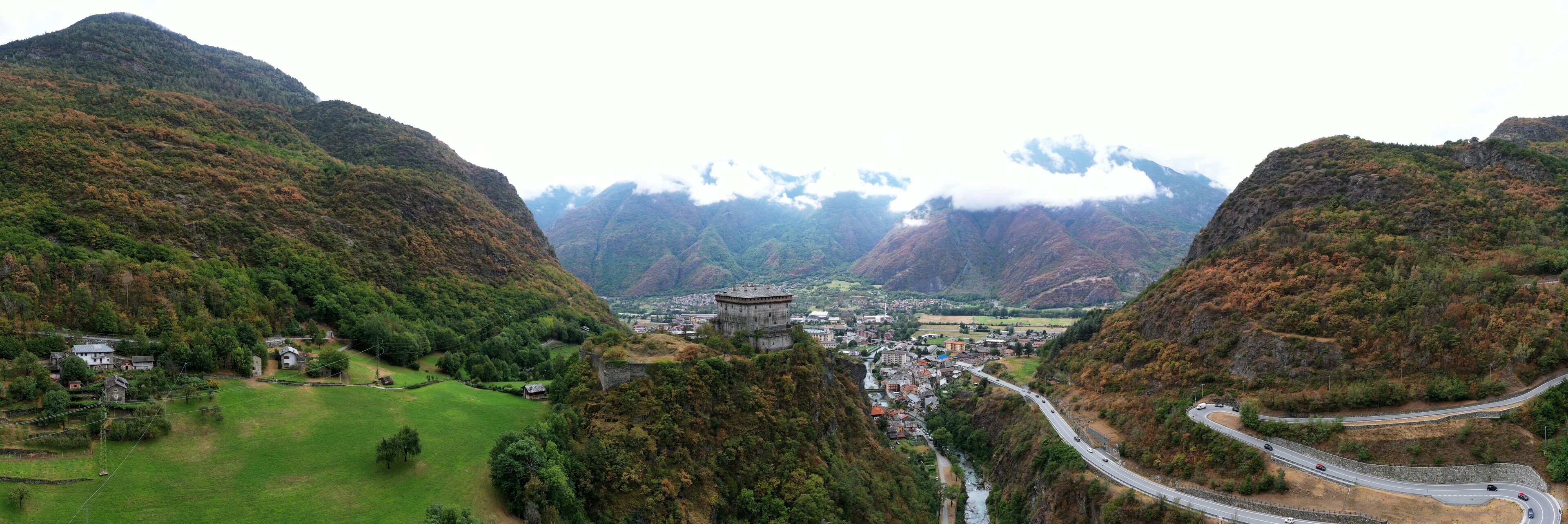 Verres, Aosta, Italy: aerial view of Verrès village and his castle