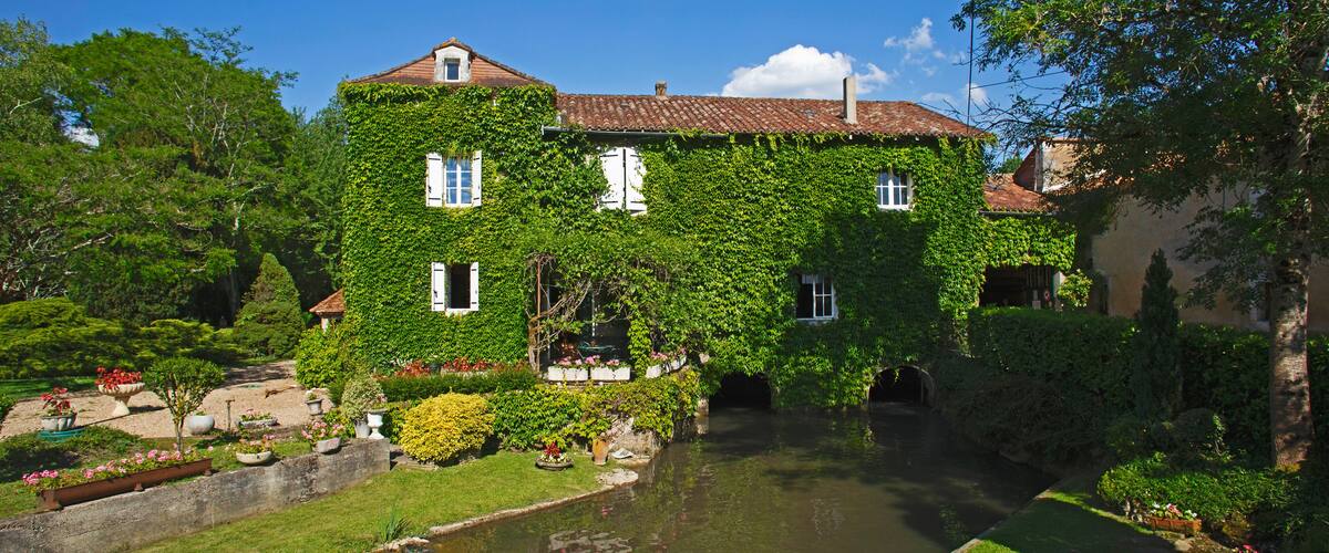 A house covered in green ivy, a canal, and lush gardens.