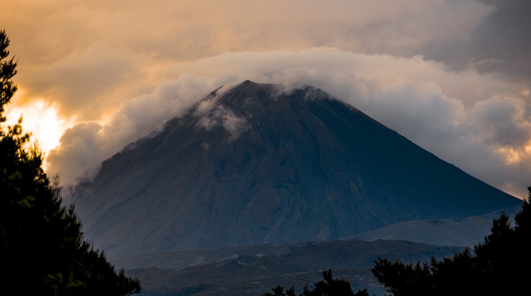 Tongariro-nationalparken som viser udsigt over landskaber, bjerge og en solnedgang