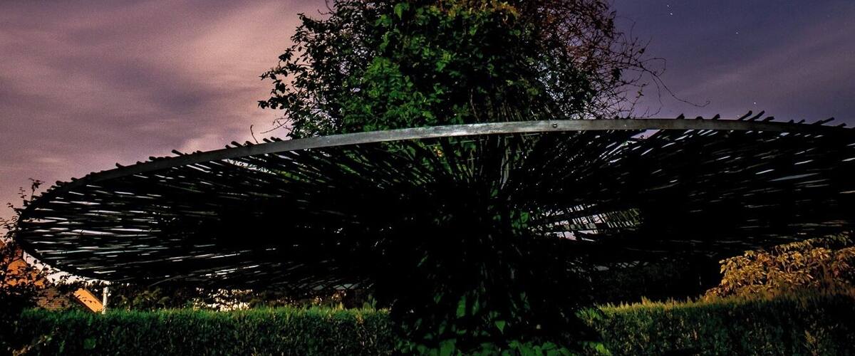 A night sky with a visible contrail, a tree, and a structure with a curved roof.