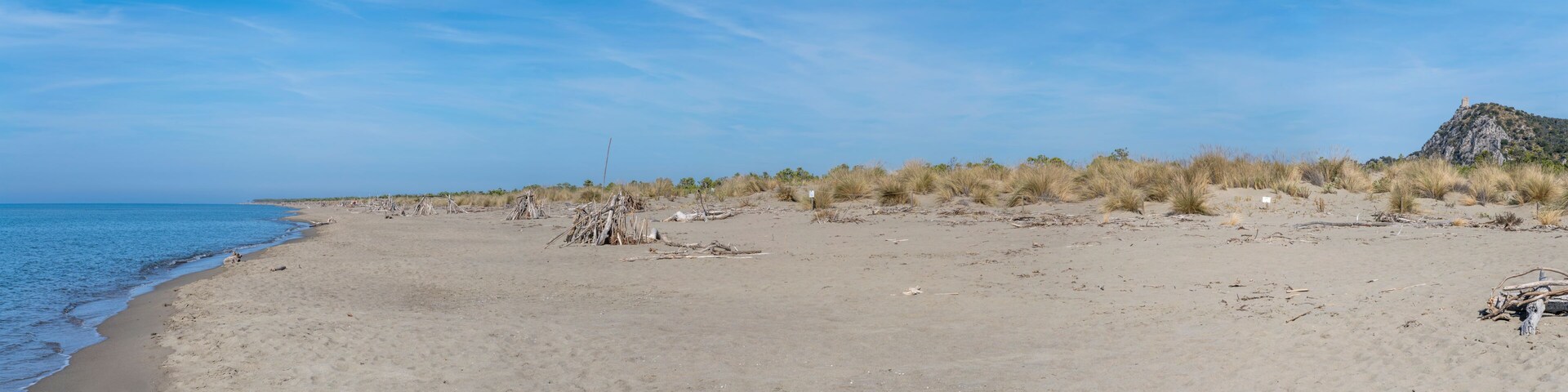 A sandy beach with sparse vegetation and a rocky hill in the distance.