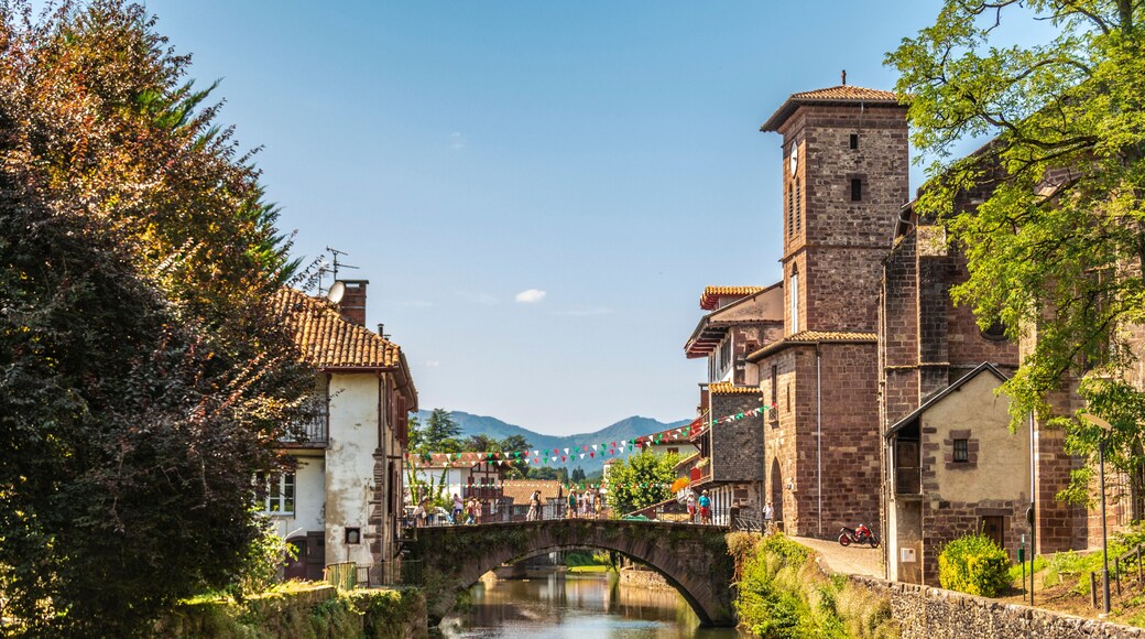 View of the river Nive on its way through the village of Saint Jean Pied de Port. France.
