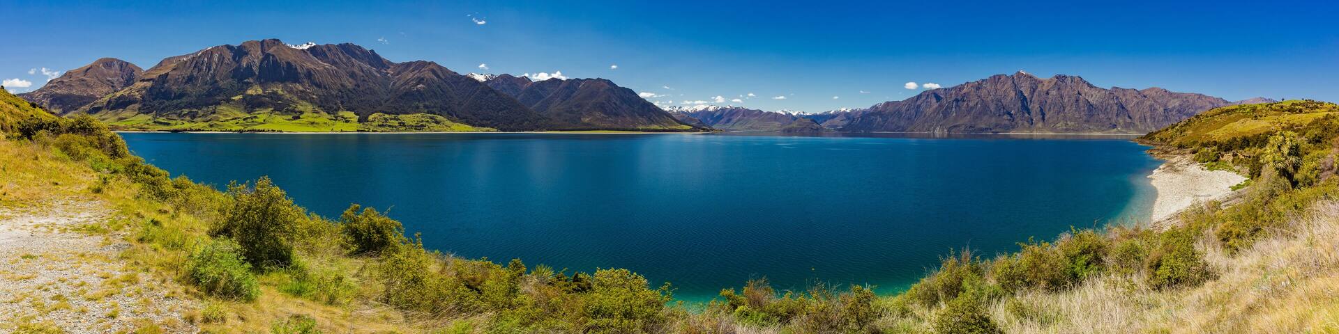 Panoramic photos of Lake Hawea and mountains, South Island, New Zealand