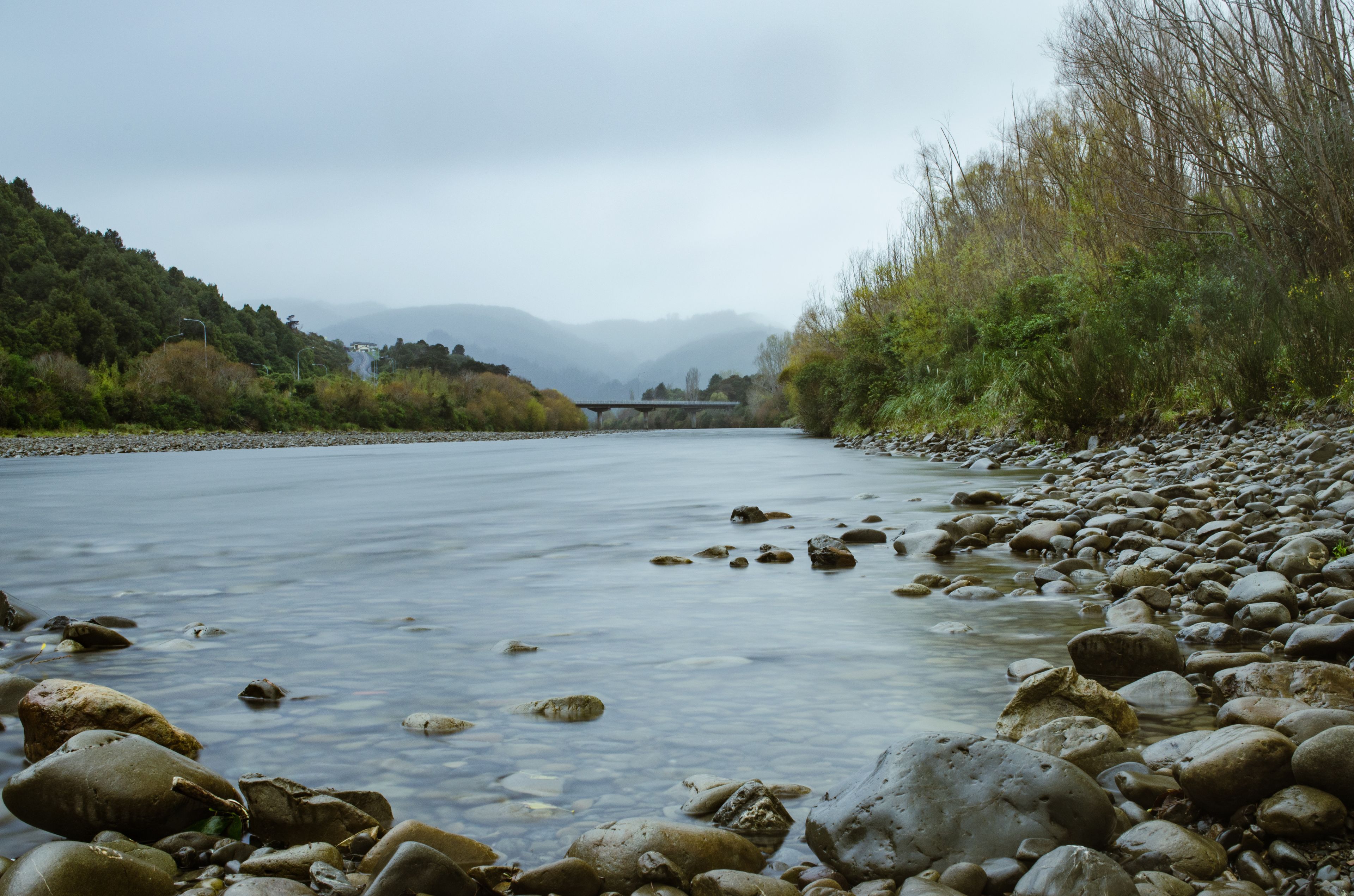 A river with a rocky riverbank and a bridge in the distance.