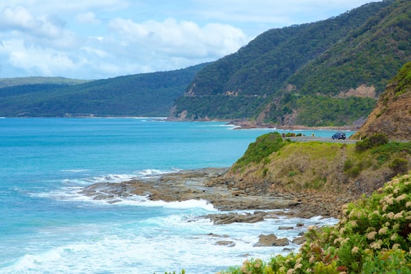 Great Ocean Road som omfatter barsk kystlinje og udsigt over kystområde