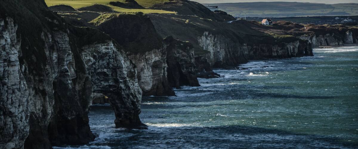 Maghera Cross cliffs from Dunluce Castle, Causeway Coast, UK