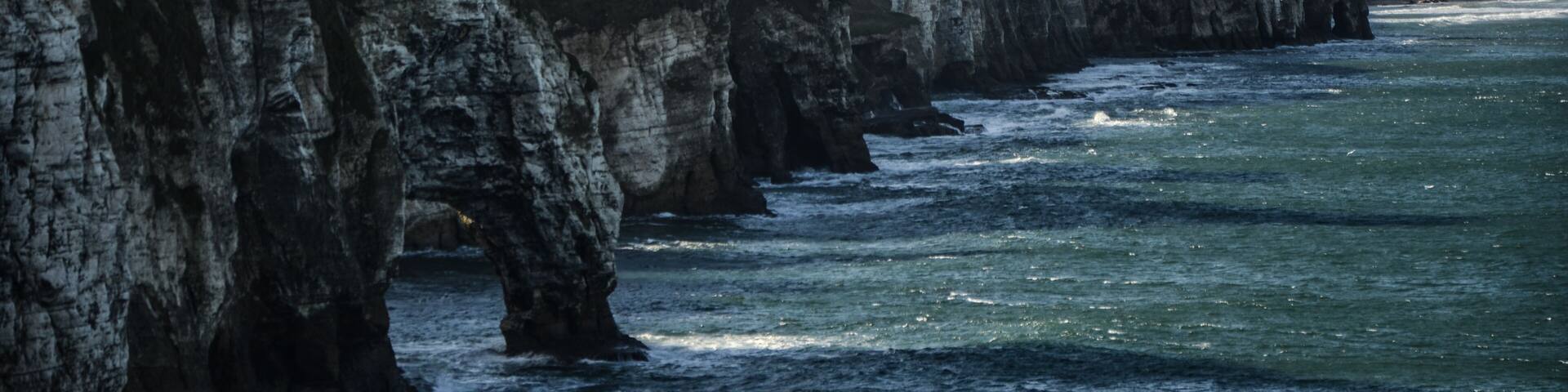Maghera Cross cliffs from Dunluce Castle, Causeway Coast, UK