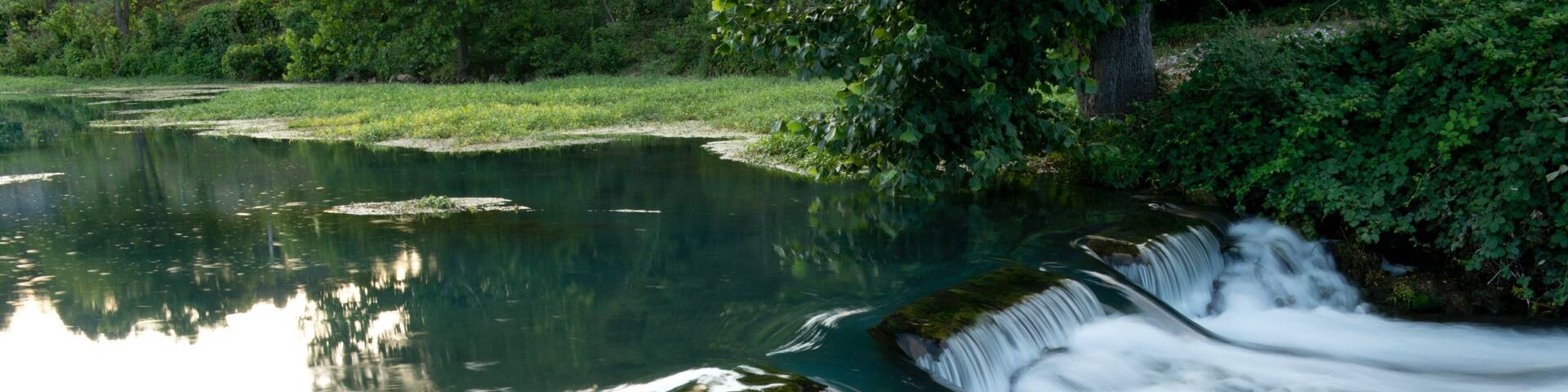 A waterfall cascading over rocks into a calm river surrounded by lush greenery.