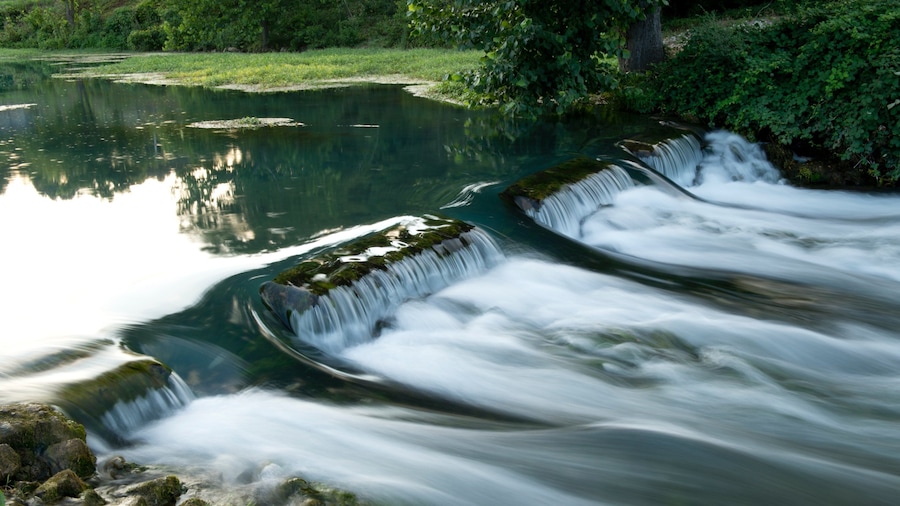 A waterfall cascading over rocks into a calm river surrounded by lush greenery.