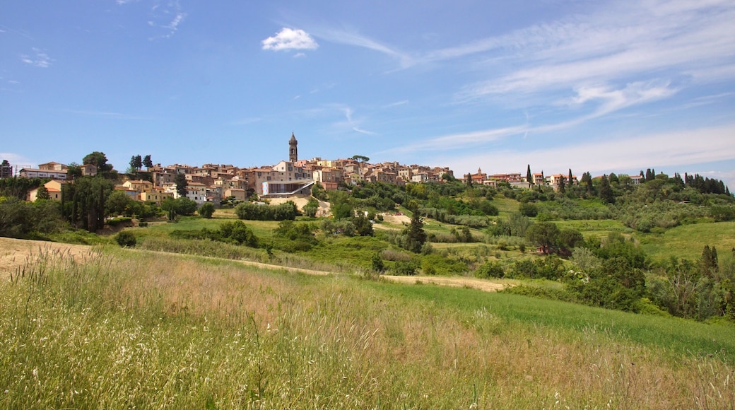 Une ville située sur une colline, avec une tour imposante, une végétation luxuriante et des champs en terrasses.