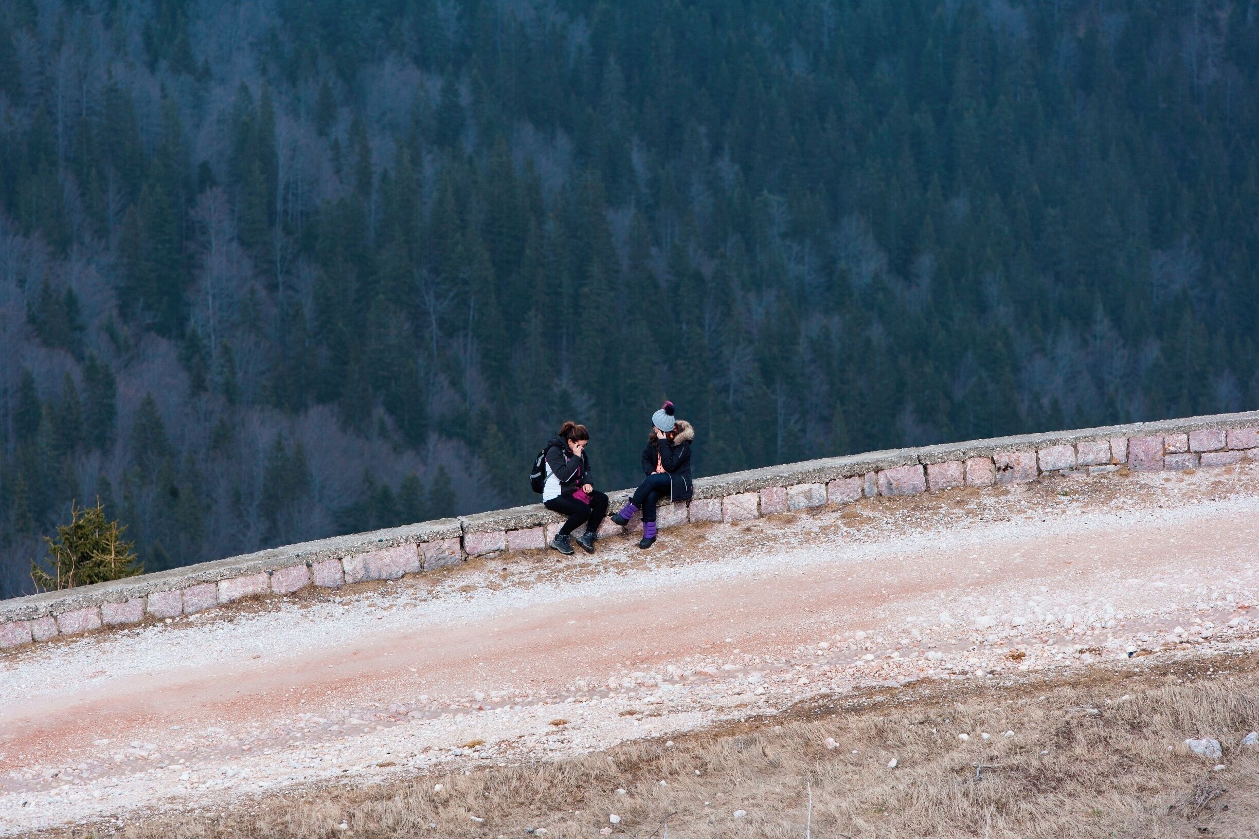 Two people sitting on a stone ledge overlooking a forested valley.
