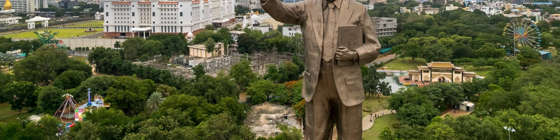 Aerial view of Dr B R Ambedkar statue near Telangana state Secratariat building in Hyderabad, India.
