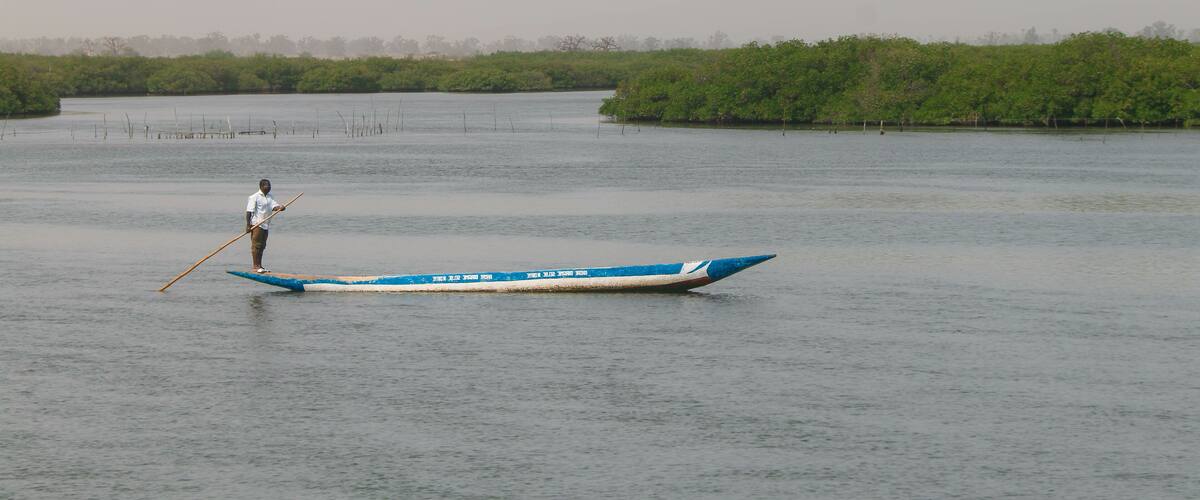 A man in a boat on a calm river with dense greenery in the background.